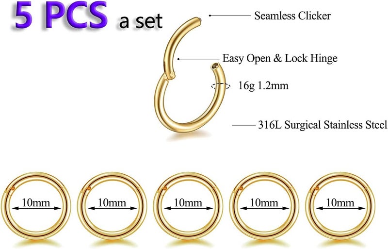 HQLA 5Pcs 16G 18G Surgical Steel Nose Rings Hoop Tragus Septum Cartilage Hoop Earrings For Women Men Body Piercing Jewelry Kit Bar Length 6mm/8mm/10mm/12mm/14mm - Image 2